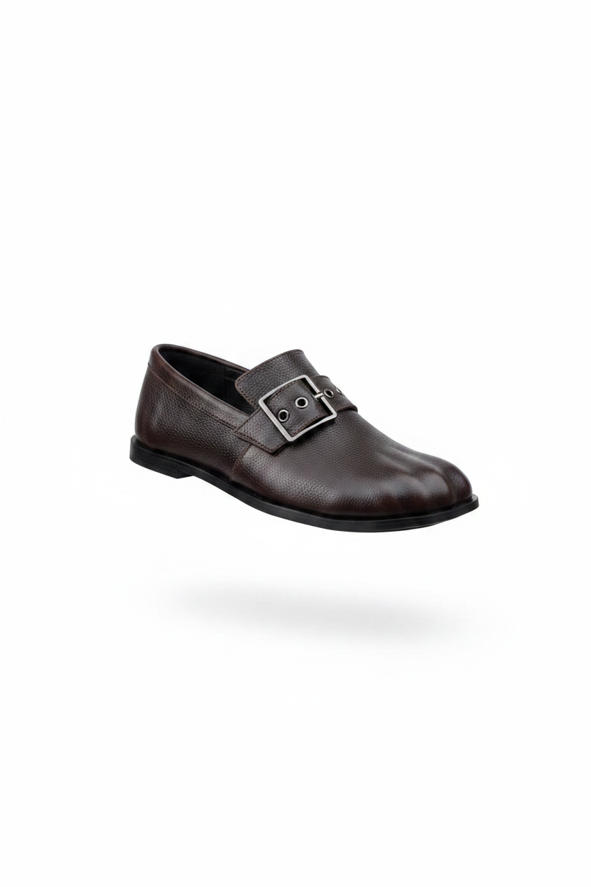 Dark brown buckle loafer on white background
